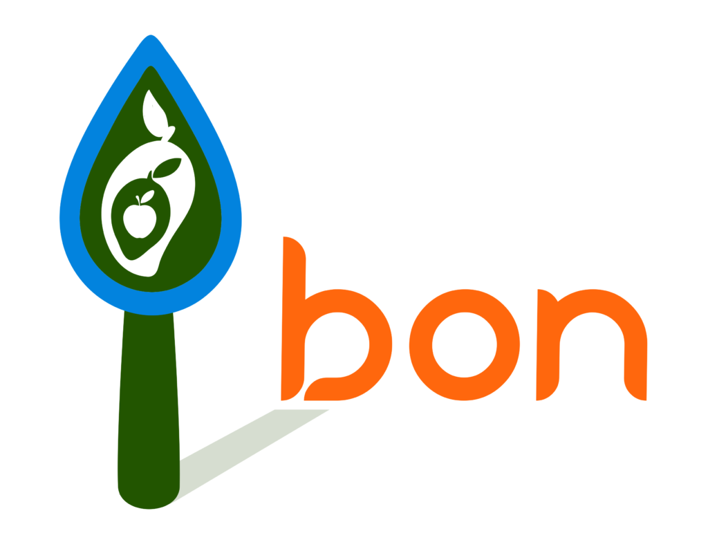 bon logo(bon written in orange in white backgroundand an image of a tree with green trunk with a blue water drop at top and few fruits inside the drop